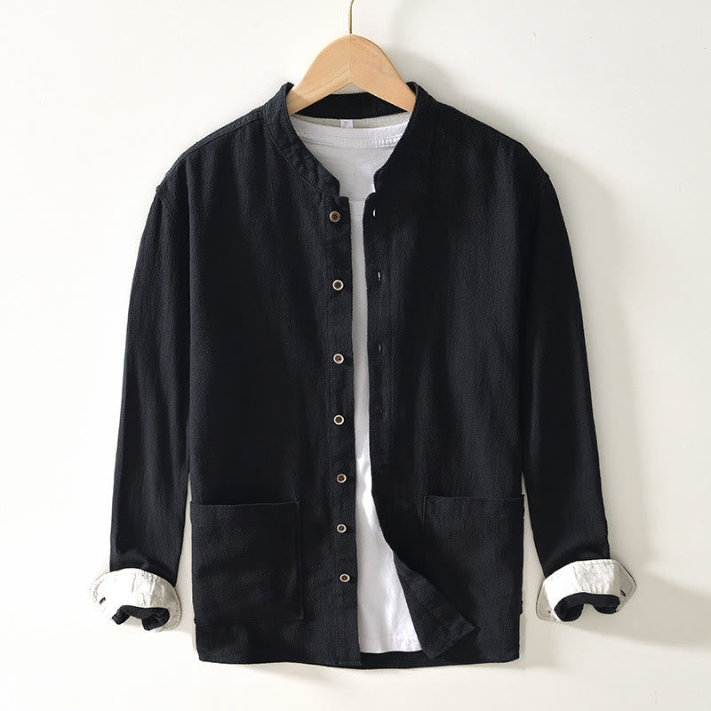 Chemise homme en coton et lin à manches longues et boutons, couleur Buddha Stones, avec poches - Noir - US/UK/AU42，EU52 (3XL) - image 7