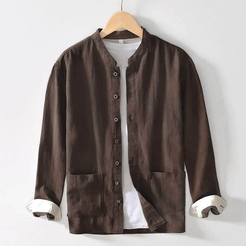 Chemise homme en coton et lin à manches longues et boutons, couleur Buddha Stones, avec poches - SaddleBrown - US/UK/AU42，EU52 (3XL) - image 0