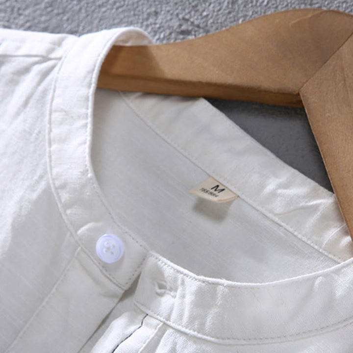 Chemise en lin à manches courtes et poches pour homme, motif Buddha Stones , couleur pure, col montant et demi-boutons - image 6