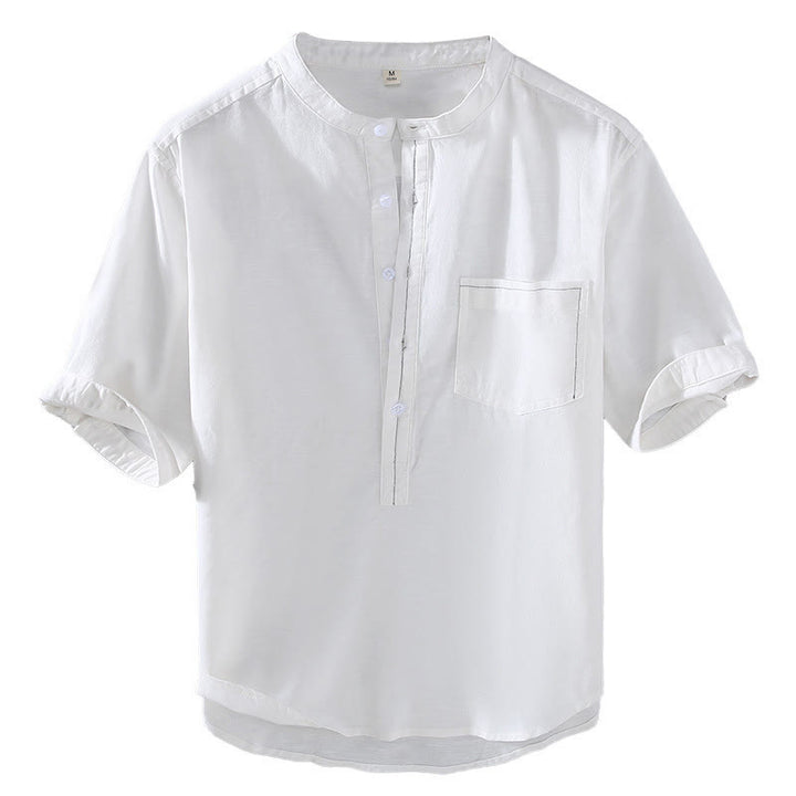 Chemise en lin à manches courtes et poches pour homme, motif Buddha Stones , couleur pure, col montant et demi-boutons - image 13