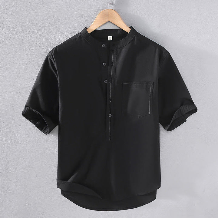 Chemise en lin à manches courtes et poches pour homme, motif Buddha Stones , couleur pure, col montant et demi-boutons - Noir - US/UK/AU42，EU52 (3XL) - image 1
