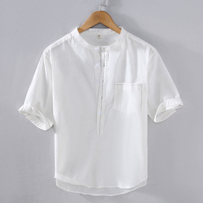 Chemise en lin à manches courtes et poches pour homme, motif Buddha Stones , couleur pure, col montant et demi-boutons - Blanc - US/UK/AU42，EU52 (3XL) - image 4