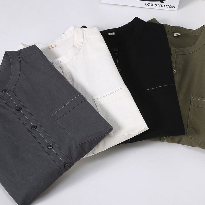 Chemise en lin à manches courtes et poches pour homme, motif Buddha Stones , couleur pure, col montant et demi-boutons - image 14