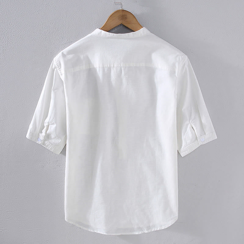 Chemise en lin à manches courtes et poches pour homme, motif Buddha Stones , couleur pure, col montant et demi-boutons - image 5