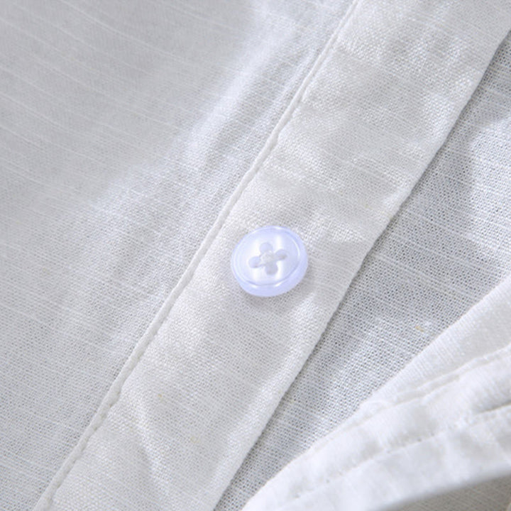 Chemise en lin à manches courtes et poches pour homme, motif Buddha Stones , couleur pure, col montant et demi-boutons - image 7