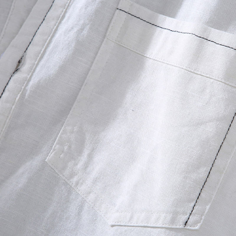 Chemise en lin à manches courtes et poches pour homme, motif Buddha Stones , couleur pure, col montant et demi-boutons - image 8