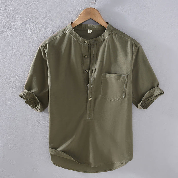 Chemise en lin à manches courtes et poches pour homme, motif Buddha Stones , couleur pure, col montant et demi-boutons - OliveDrab - US/UK/AU42，EU52 (3XL) - image 3