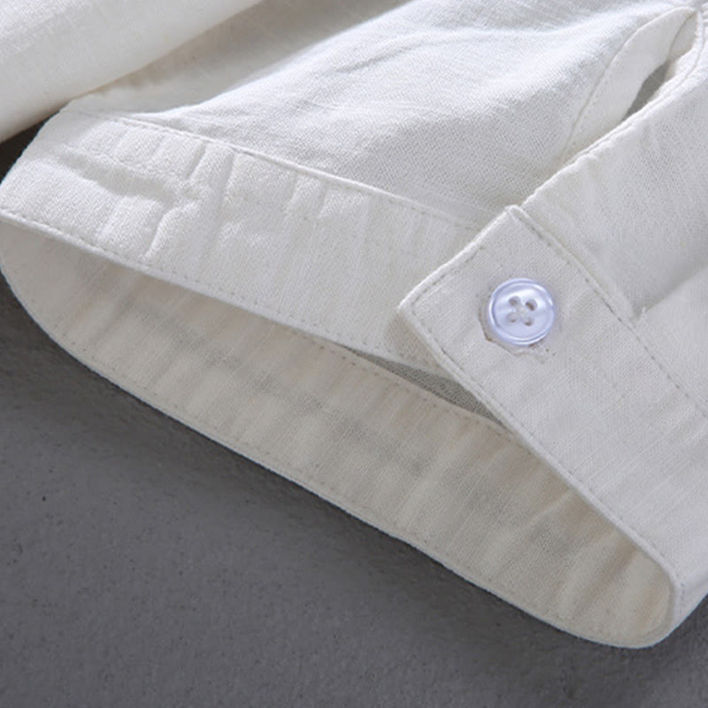 Chemise en lin à manches courtes et poches pour homme, motif Buddha Stones , couleur pure, col montant et demi-boutons - image 10