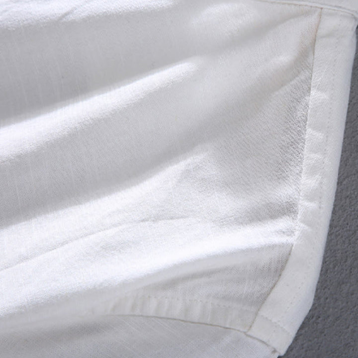 Chemise en lin à manches courtes et poches pour homme, motif Buddha Stones , couleur pure, col montant et demi-boutons - image 10