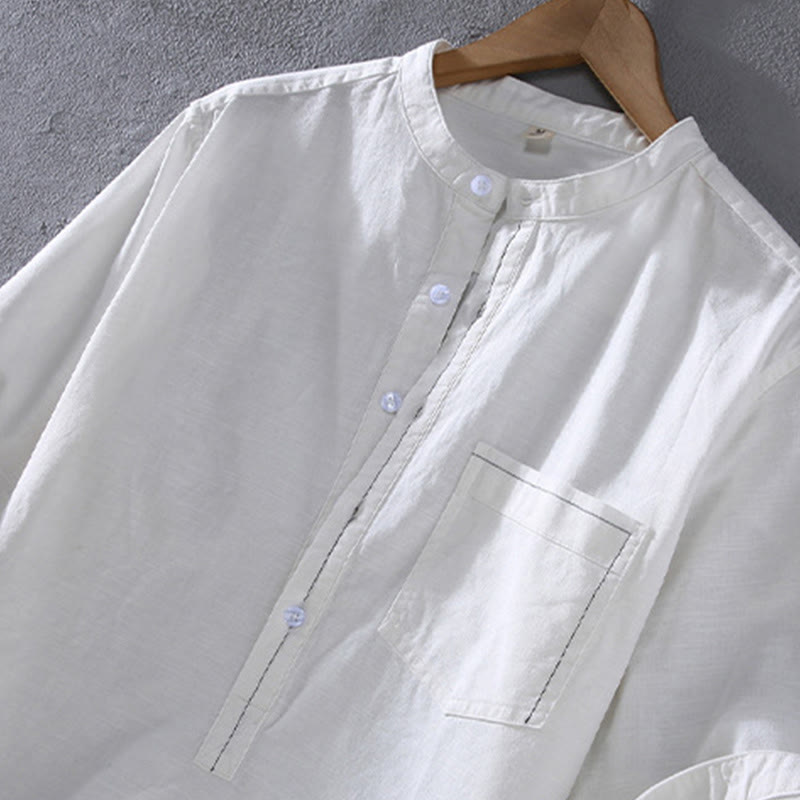 Chemise en lin à manches courtes et poches pour homme, motif Buddha Stones , couleur pure, col montant et demi-boutons - image 5