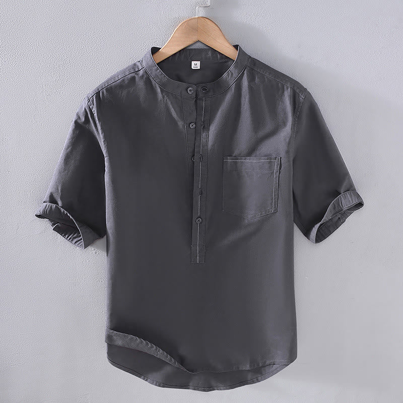 Chemise en lin à manches courtes et poches pour homme, motif Buddha Stones , couleur pure, col montant et demi-boutons - Gris ardoise - US/UK/AU42，EU52 (3XL) - image 0