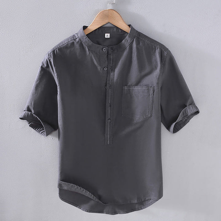 Chemise en lin à manches courtes et poches pour homme, motif Buddha Stones , couleur pure, col montant et demi-boutons - Gris ardoise - US/UK/AU42，EU52 (3XL) - image 0