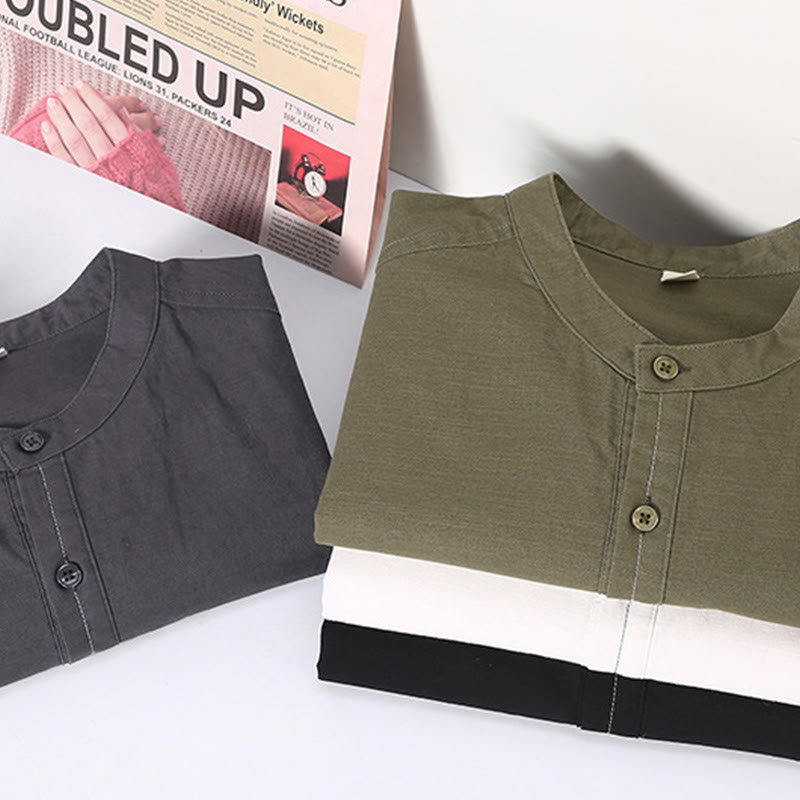 Chemise en lin à manches courtes et poches pour homme, motif Buddha Stones , couleur pure, col montant et demi-boutons - image 15