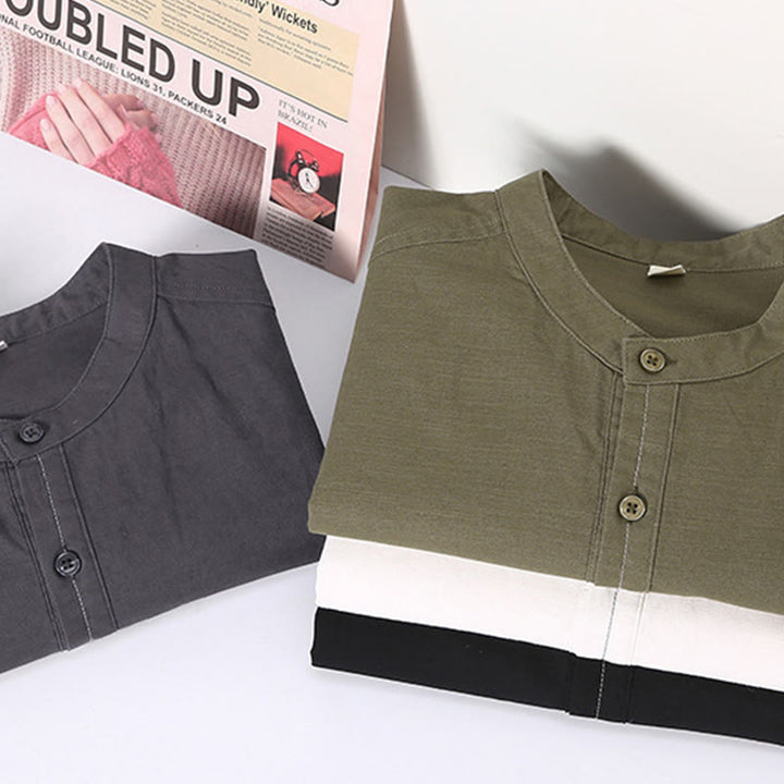 Chemise en lin à manches courtes et poches pour homme, motif Buddha Stones , couleur pure, col montant et demi-boutons - image 15