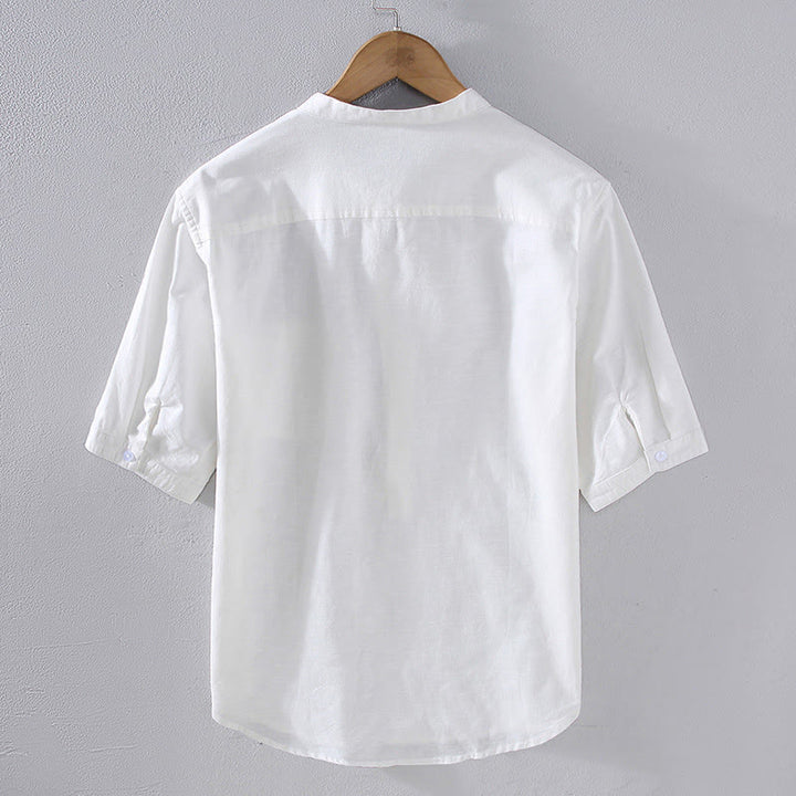 Chemise en lin à manches courtes et poches pour homme, motif Buddha Stones , couleur pure, col montant et demi-boutons - image 4