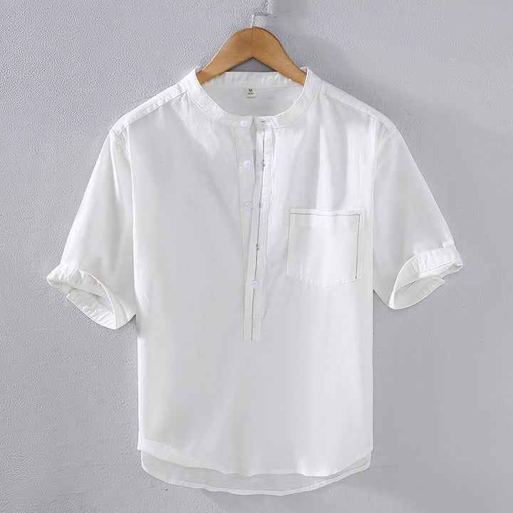 Chemise en lin à manches courtes et poches pour homme, motif Buddha Stones , couleur pure, col montant et demi-boutons - Blanc - US/UK/AU42，EU52 (3XL) - image 3
