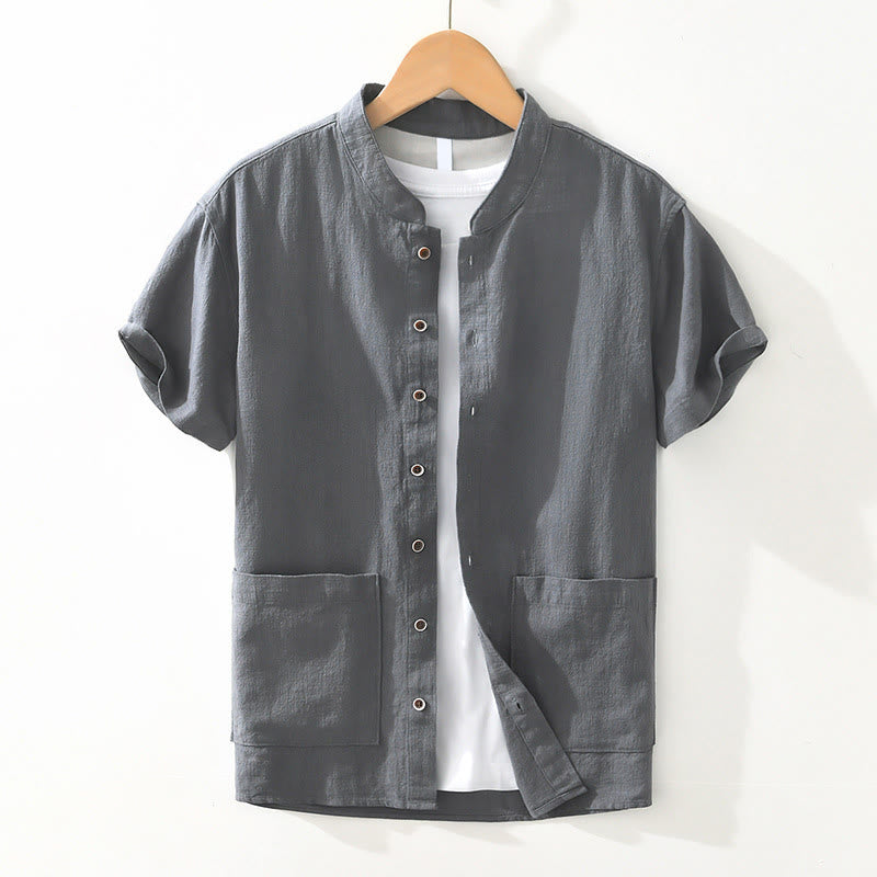 Chemise décontractée à manches courtes en coton et lin pour homme, avec boutons et poches, motif Buddha Stones - Gris ardoise - US/UK/AU42，EU52 (3XL) - image 0