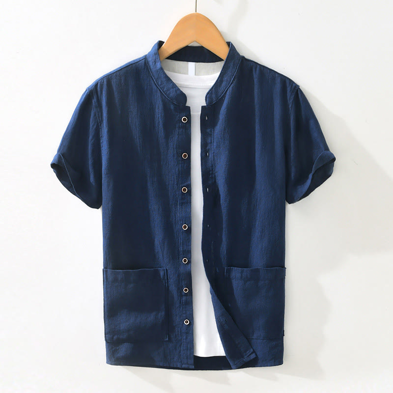 Chemise décontractée à manches courtes en coton et lin pour homme, avec boutons et poches, motif Buddha Stones - Bleu foncé - US/UK/AU42，EU52 (3XL) - image 13
