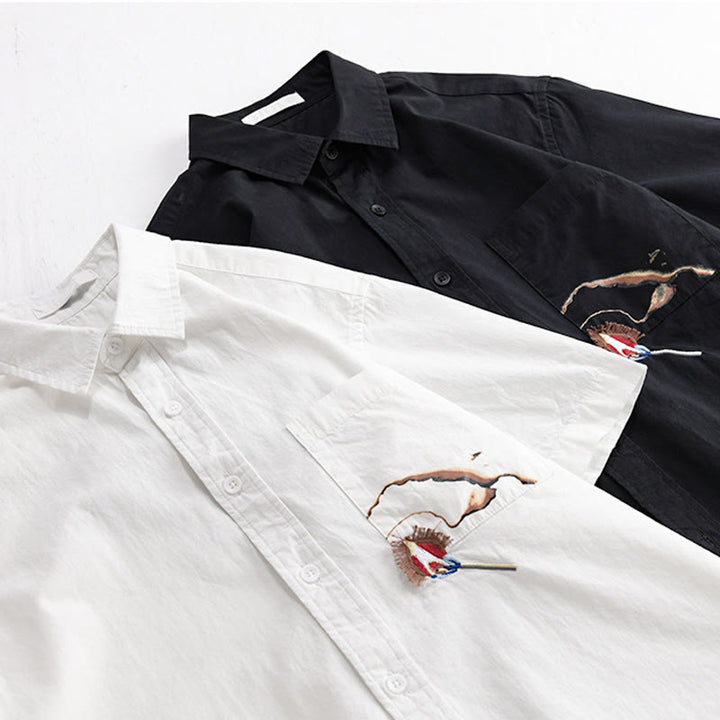 Chemise en coton à manches courtes et poche pour homme, motif flammes et broderie Buddha Stones - image 14
