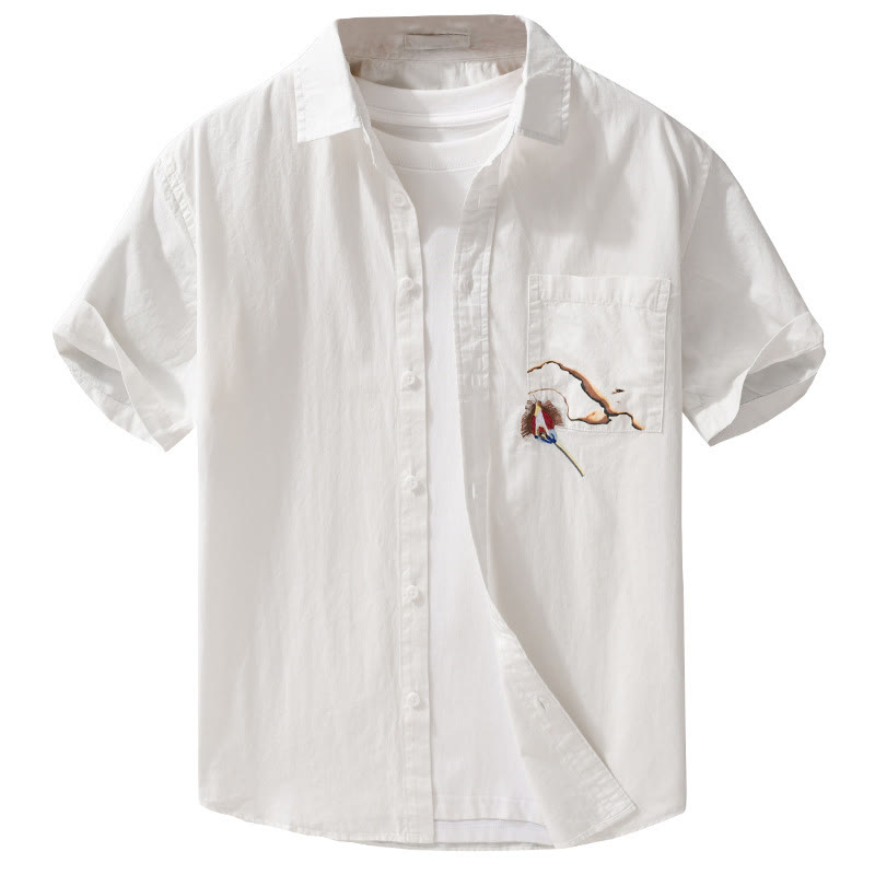 Chemise en coton à manches courtes et poche pour homme, motif flammes et broderie Buddha Stones - image 9