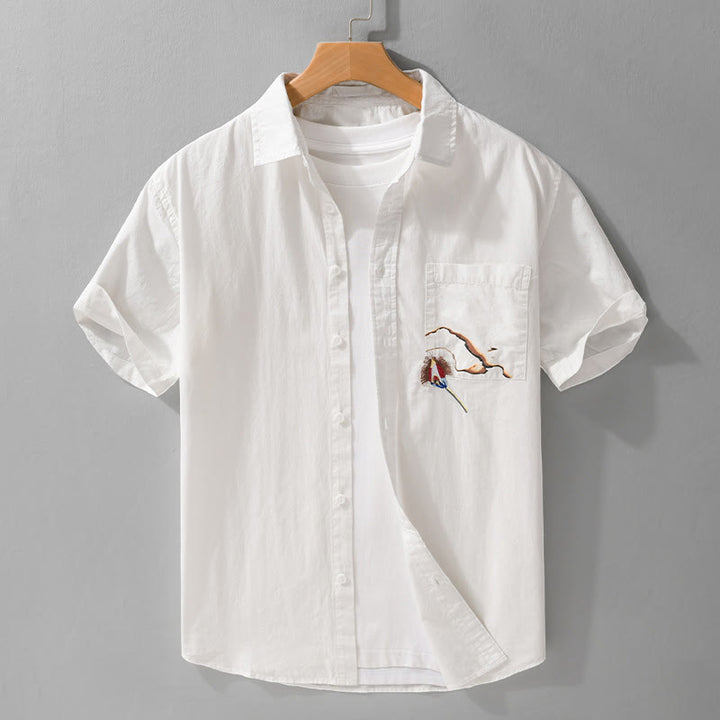 Chemise en coton à manches courtes et poche pour homme, motif flammes et broderie Buddha Stones - Blanc - US/UK/AU42，EU52 (3XL) - image 1