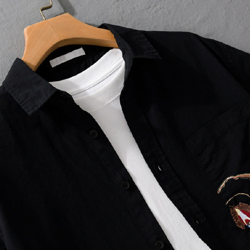 Chemise en coton à manches courtes et poche pour homme, motif flammes et broderie Buddha Stones - image 11
