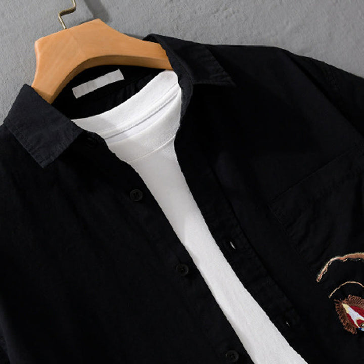 Chemise en coton à manches courtes et poche pour homme, motif flammes et broderie Buddha Stones - image 11