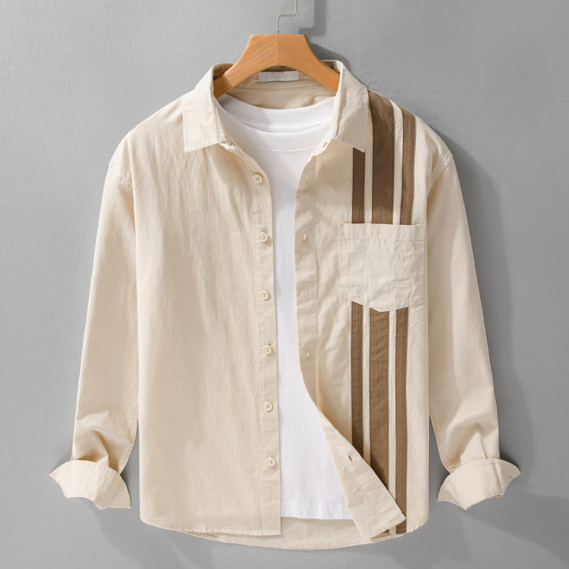 Chemise en coton à manches longues et poche pour homme, motif patchwork contrasté, motif Buddha Stones Fall - Beige - US/UK/AU42，EU52 (3XL) - image 1