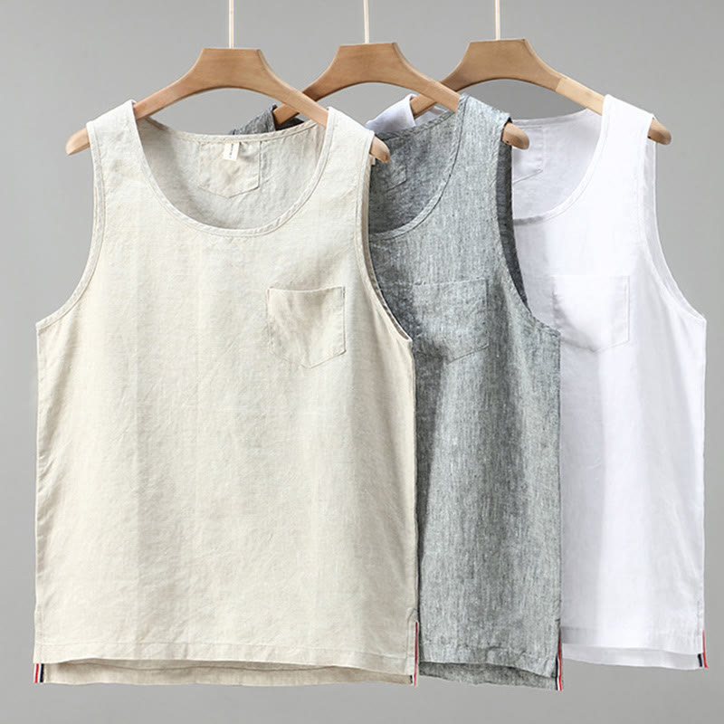 Gilet d'été en lin sans manches pour homme, couleur unie, avec fente latérale et motif Buddha Stones - image 11
