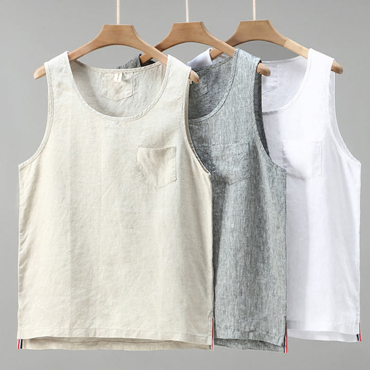 Gilet d'été en lin sans manches pour homme, couleur unie, avec fente latérale et motif Buddha Stones - image 11