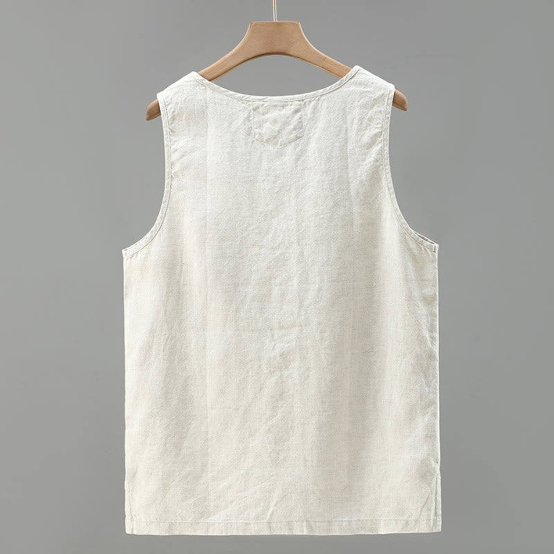 Gilet d'été en lin sans manches pour homme, couleur unie, avec fente latérale et motif Buddha Stones - image 1