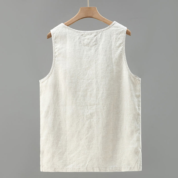 Gilet d'été en lin sans manches pour homme, couleur unie, avec fente latérale et motif Buddha Stones - image 1
