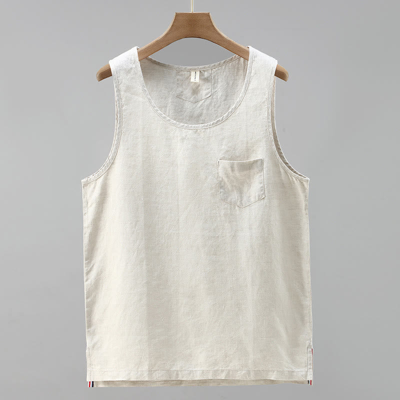 Gilet d'été en lin sans manches pour homme, couleur unie, avec fente latérale et motif Buddha Stones - Beige - US/UK/AU42，EU52 (3XL) - image 0