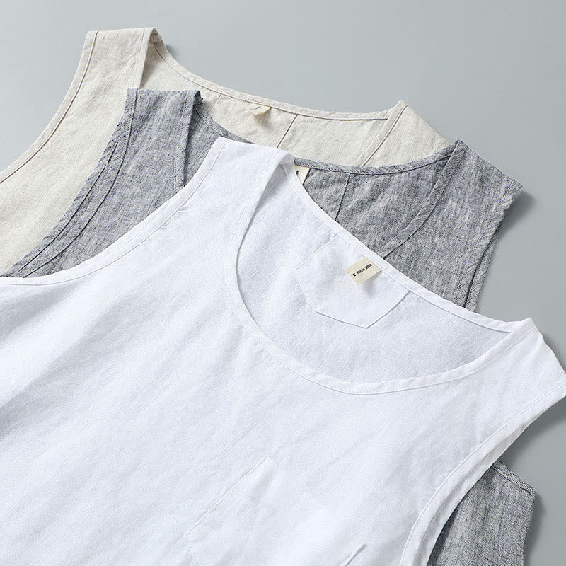 Gilet d'été en lin sans manches pour homme, couleur unie, avec fente latérale et motif Buddha Stones - image 12