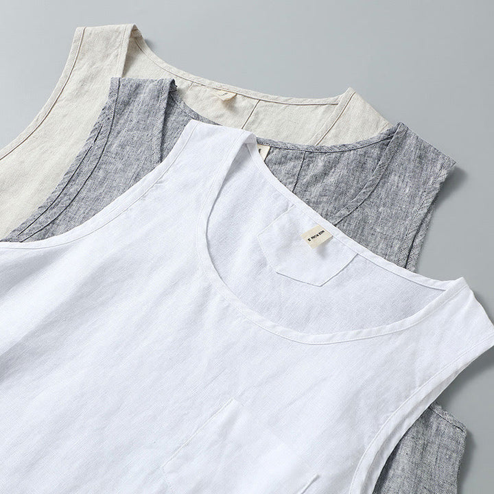 Gilet d'été en lin sans manches pour homme, couleur unie, avec fente latérale et motif Buddha Stones - image 12