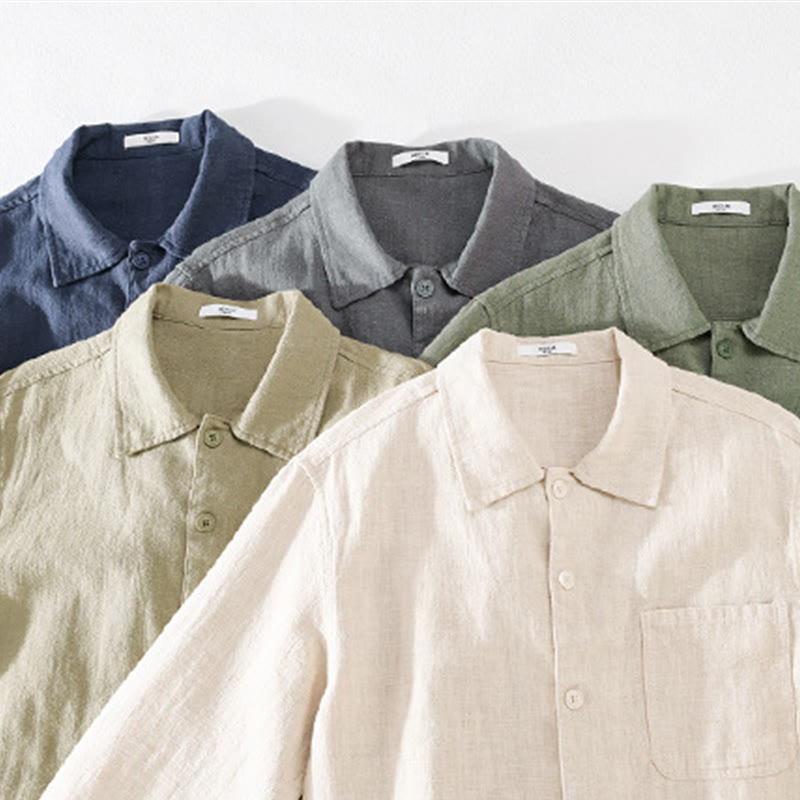 Chemise à manches longues en coton et lin pour homme, motif Buddha Stones, couleur unie, revers, avec poche - image 35