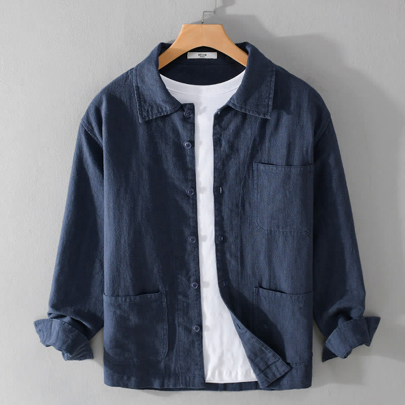 Chemise à manches longues en coton et lin pour homme, motif Buddha Stones, couleur unie, revers, avec poche - Bleu nuit - US/UK/AU42，EU52 (3XL) - image 14