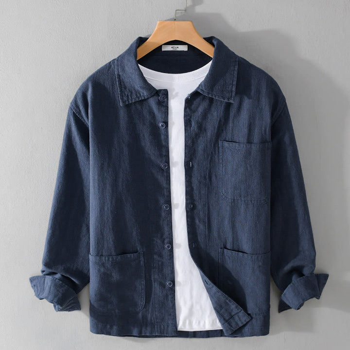 Chemise à manches longues en coton et lin pour homme, motif Buddha Stones, couleur unie, revers, avec poche - Bleu nuit - US/UK/AU42，EU52 (3XL) - image 14