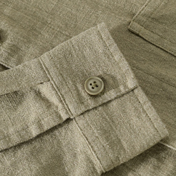 Chemise à manches longues en coton et lin pour homme, motif Buddha Stones, couleur unie, revers, avec poche - image 29