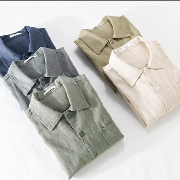 Chemise à manches longues en coton et lin pour homme, motif Buddha Stones, couleur unie, revers, avec poche - image 33