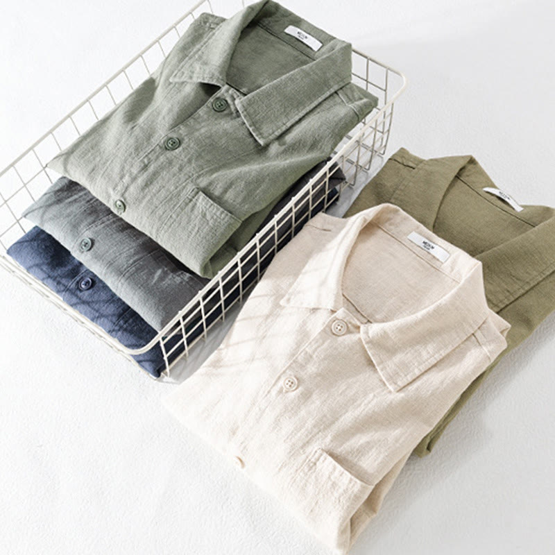 Chemise à manches longues en coton et lin pour homme, motif Buddha Stones, couleur unie, revers, avec poche - image 34