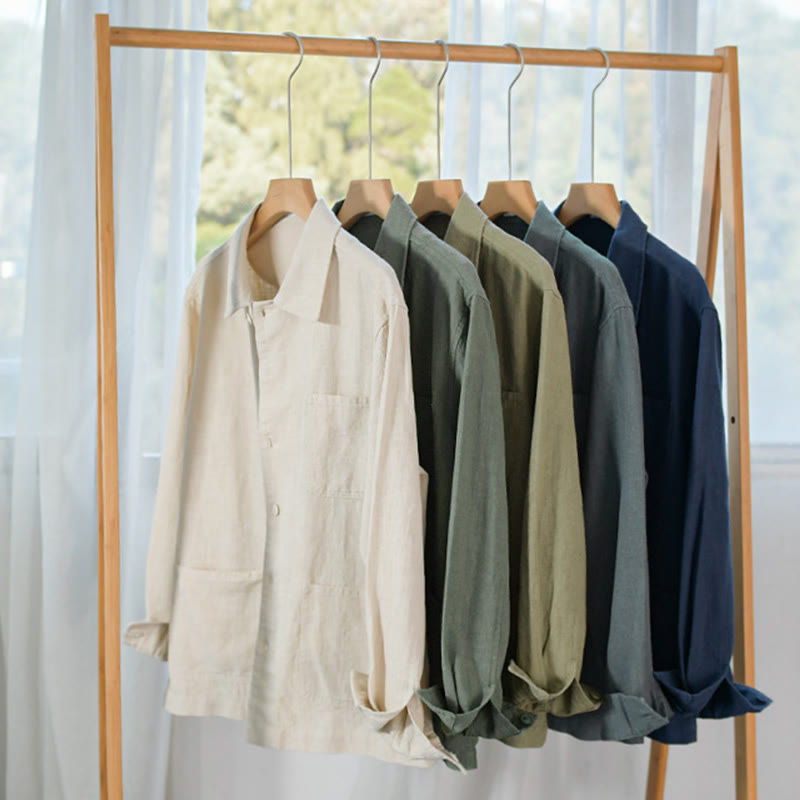 Chemise à manches longues en coton et lin pour homme, motif Buddha Stones, couleur unie, revers, avec poche - image 32