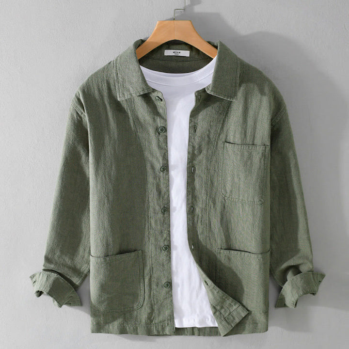 Chemise à manches longues en coton et lin pour homme, motif Buddha Stones, couleur unie, revers, avec poche - Vert mer moyen - US/UK/AU42，EU52 (3XL) - image 20