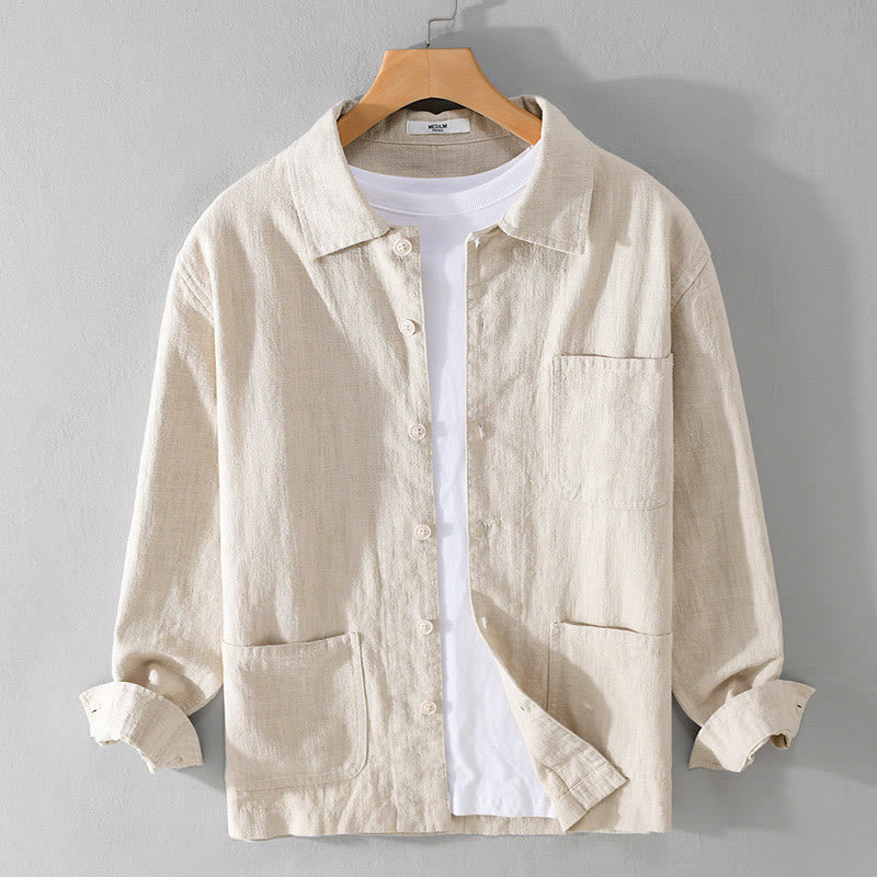 Chemise à manches longues en coton et lin pour homme, motif Buddha Stones, couleur unie, revers, avec poche - Beige - US/UK/AU42，EU52 (3XL) - image 0