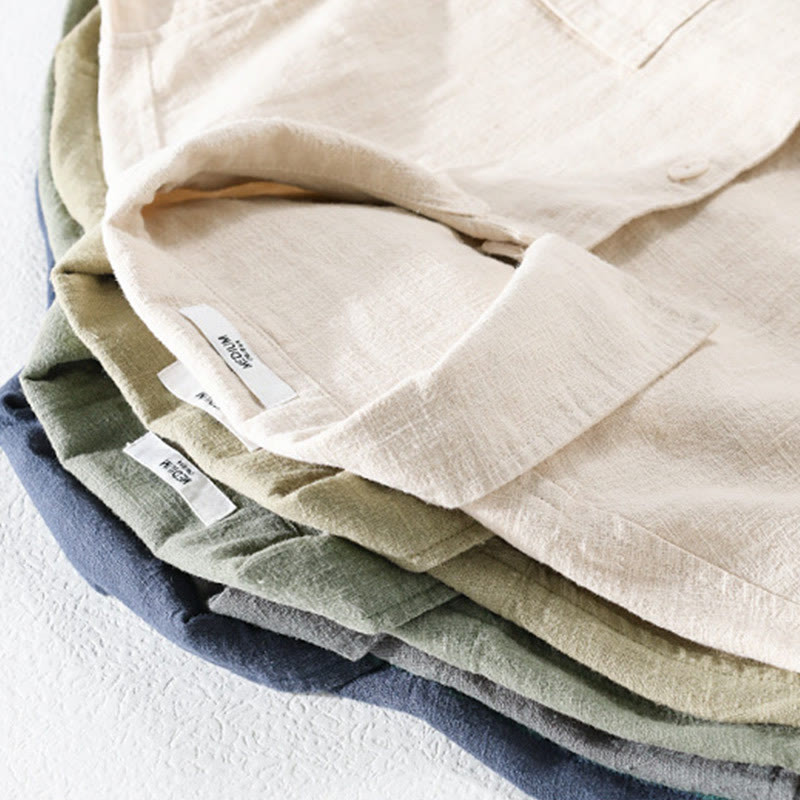 Chemise à manches longues en coton et lin pour homme, motif Buddha Stones, couleur unie, revers, avec poche - image 36