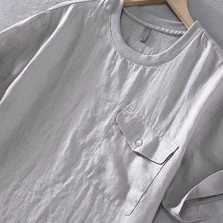 Chemise en lin à manches courtes et col ras du cou avec motif Buddha Stones et poche pour homme - image 4