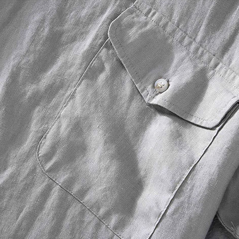 Chemise en lin à manches courtes et col ras du cou avec motif Buddha Stones et poche pour homme - image 9