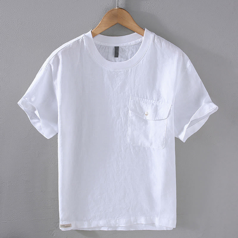 Chemise en lin à manches courtes et col ras du cou avec motif Buddha Stones et poche pour homme - Blanc - US/UK/AU42，EU52 (3XL) - image 11