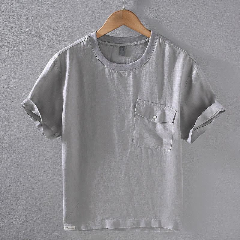 Chemise en lin à manches courtes et col ras du cou avec motif Buddha Stones et poche pour homme - Gris foncé - US/UK/AU42，EU52 (3XL) - image 0