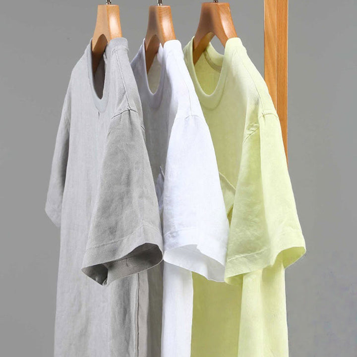 Chemise en lin à manches courtes et col ras du cou avec motif Buddha Stones et poche pour homme - image 12